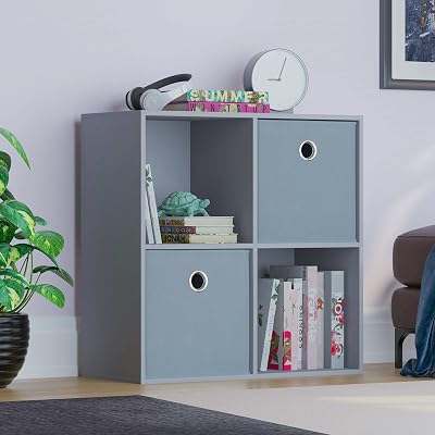 Vida Designs Durham Cube Bookcase Storage Organiser 4 Cube 2 Grey Baskets Grey