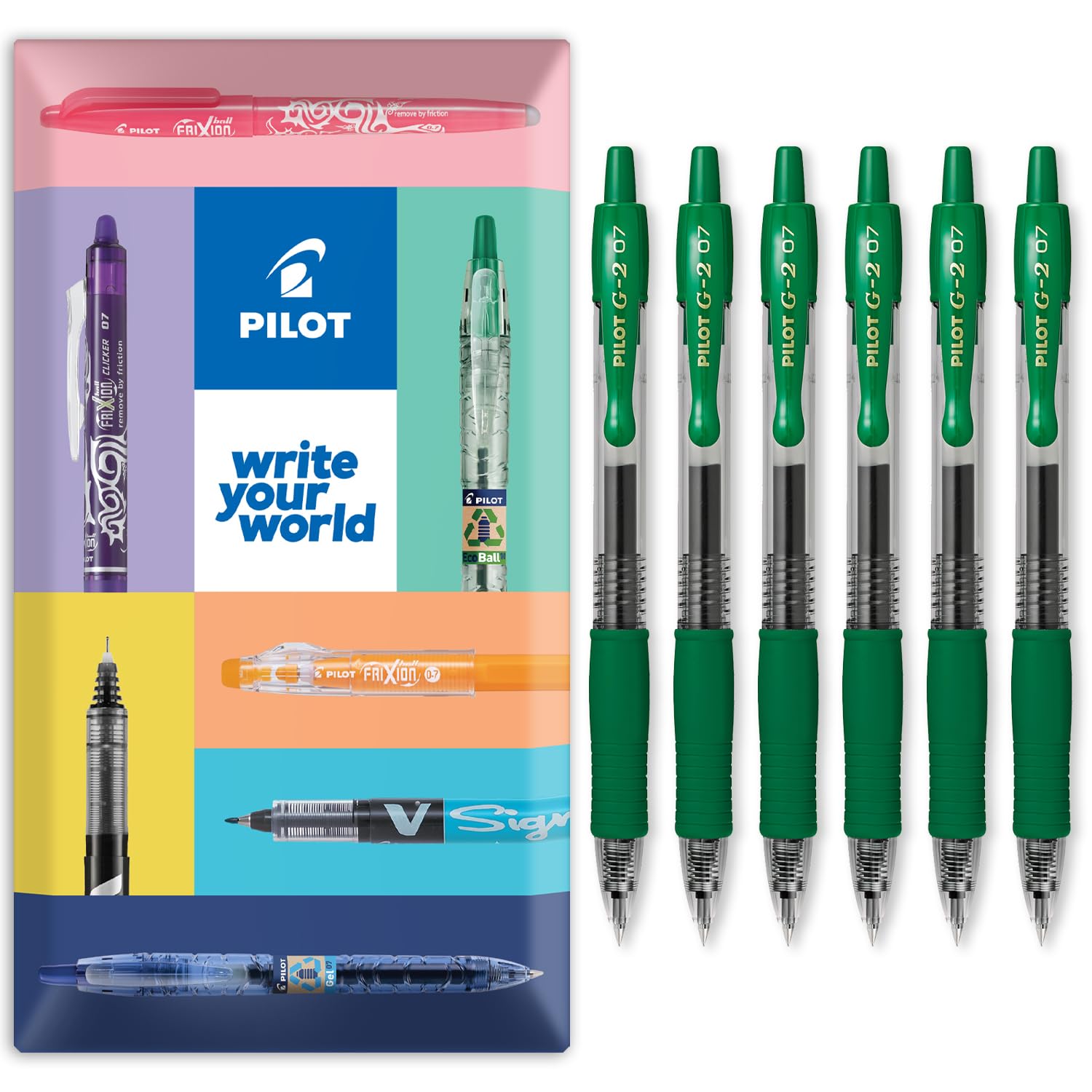 PILOT G-2 Retractable Gel Ink Rollerball Pens - 0.7mm Nib Tip - In Envelope Gift Packaging - Pack Set of 6 - Green Ink