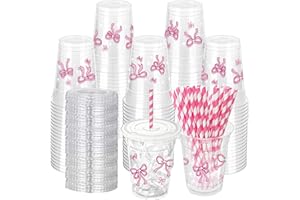 ZCPTZ 50 Pcs Pink Bow Plastic Cups with Lids and Straws,12 oz Lovely Bow Disposable Drinking Cups Pink Bowknot Theme Party Cup for Wedding Birthday Bridal Baby Shower Party Supplies