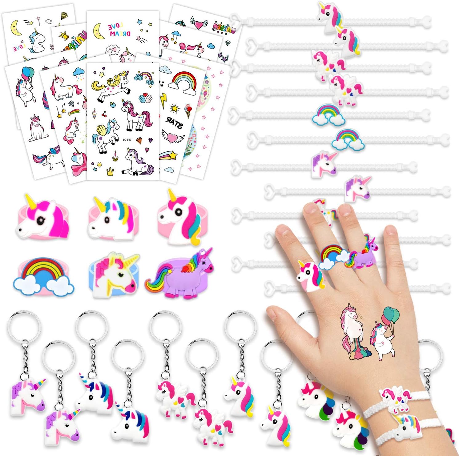Amteker 40pcs Party Bag Fillers for Kids - Unicorn Gifts for Girls, Unicorn Pinata Fillers, Unicorn Party Supplies Toys Include Unicorn Keyring Bracelet Ring Temporary Tattoo for Children