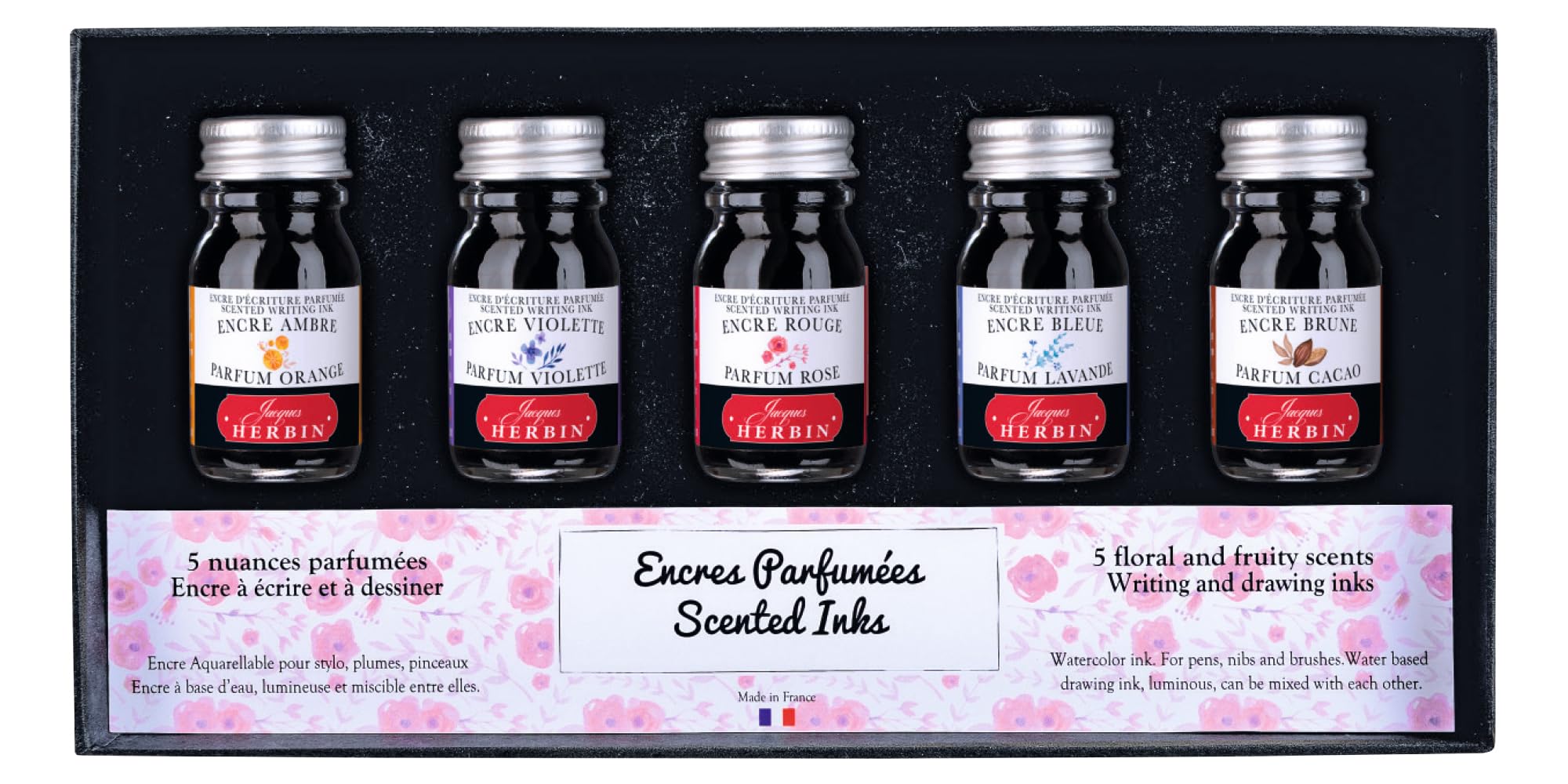 Jacques Herbin 18700T - A set of 5 bottles of 10 ml scented ink for fountain pens and rollerball pens, assorted colours and fragrances. Made in France.