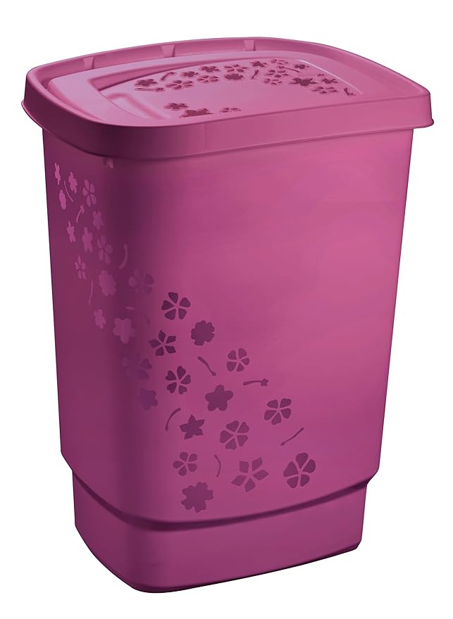 Rotho Flowers Wäschesammler 55 l, Kunststoff (PP), pink , 55 Liter (44,7 x 34,7 x 60,5 cm)