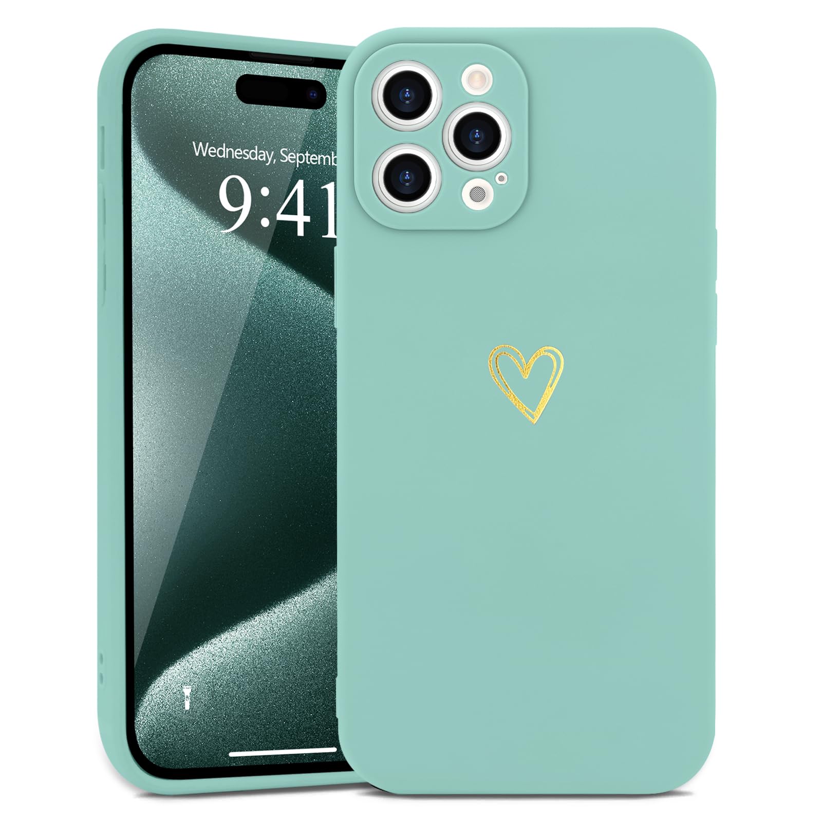 Wirvyuer for iPhone 15 Pro Case Cute Heart Pattern Soft Shockproof Protective Silicone Phone Case for Women Girls, Fragrant Green — image 1