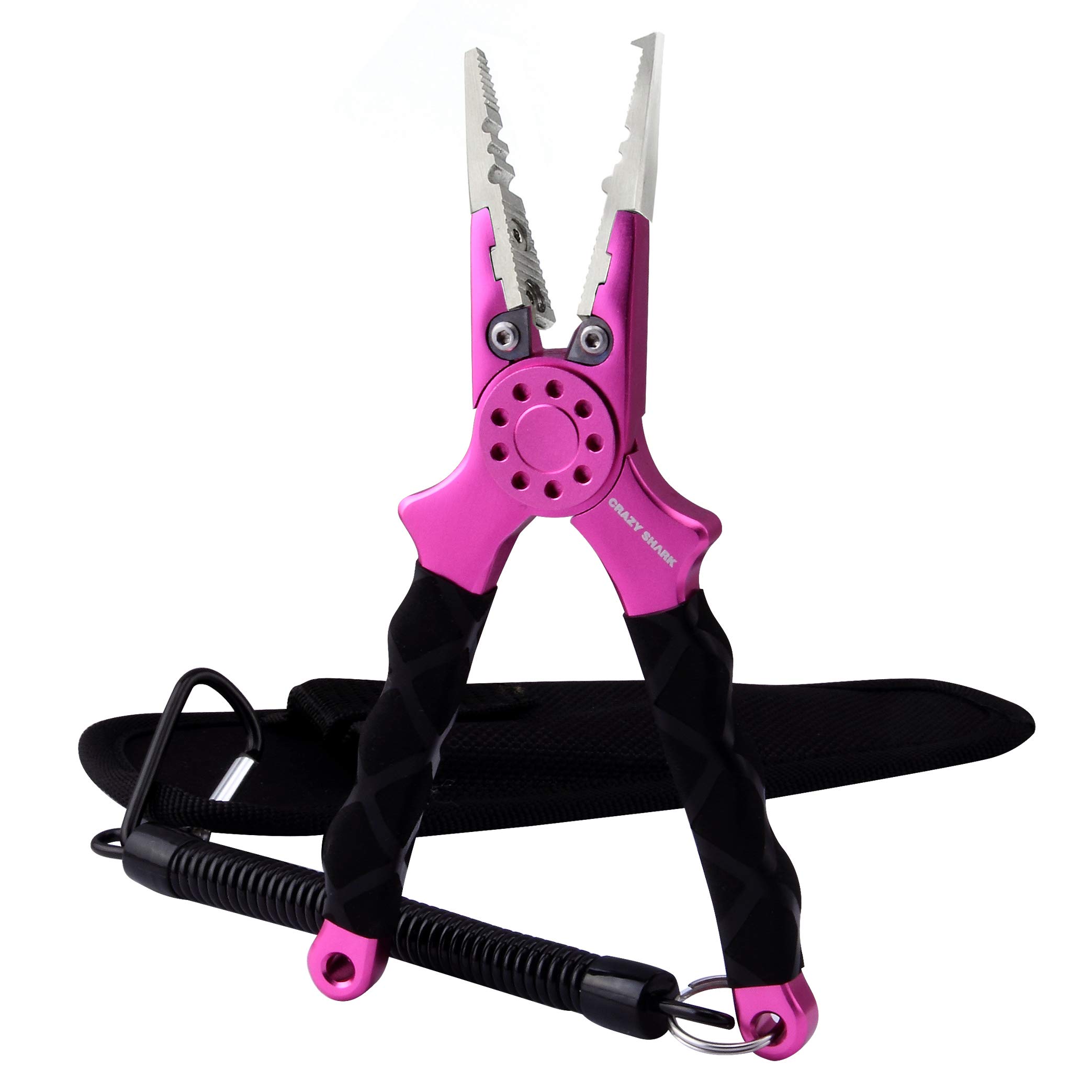 CRAZY SHARK Professional Saltwater/Fresh Water Aluminum Fishing Pliers Tungsten Carbide Cutters Hook Remover with Sheath and Lanyard (Pink B)