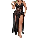 Alrovetoney Plus Size Lingerie For Women Babydoll Sexy Mesh Maxi Nightdress Exotic Sleepwear Side Slits