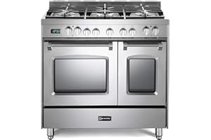 Verona VPFSGE365DSS 36" Prestige Series Freestanding Dual Fuel Range with Double Oven 5 Sealed Burners Oven Racks, Cast-Iron Grates in Stainless Steel