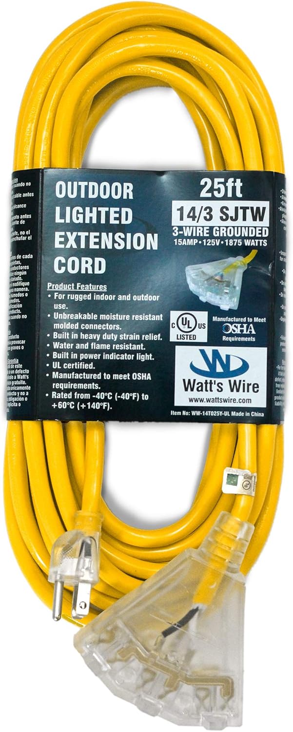 Extension Cords 100 Foot 14 Awg Long Green 100 14 Gauge Grounded 13 Amp Three Prong Power Cord 100 Ft 14 3 Heavy Duty 3 Outlet Lighted Sjtw Indoor Outdoor Extension Cord By Watts Wire Industrial Electrical