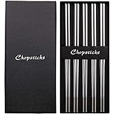 DEVICO 5 Pairs Chopsticks Reusable, 18/10 Stainless Steel Metal Chopsticks | Laser Engraved Non-Slip Chop Sticks, Dishwasher Safe Japanese Korean Chopsticks for Eating, 9.45 Inch/24cm, Gift Set, Sliver