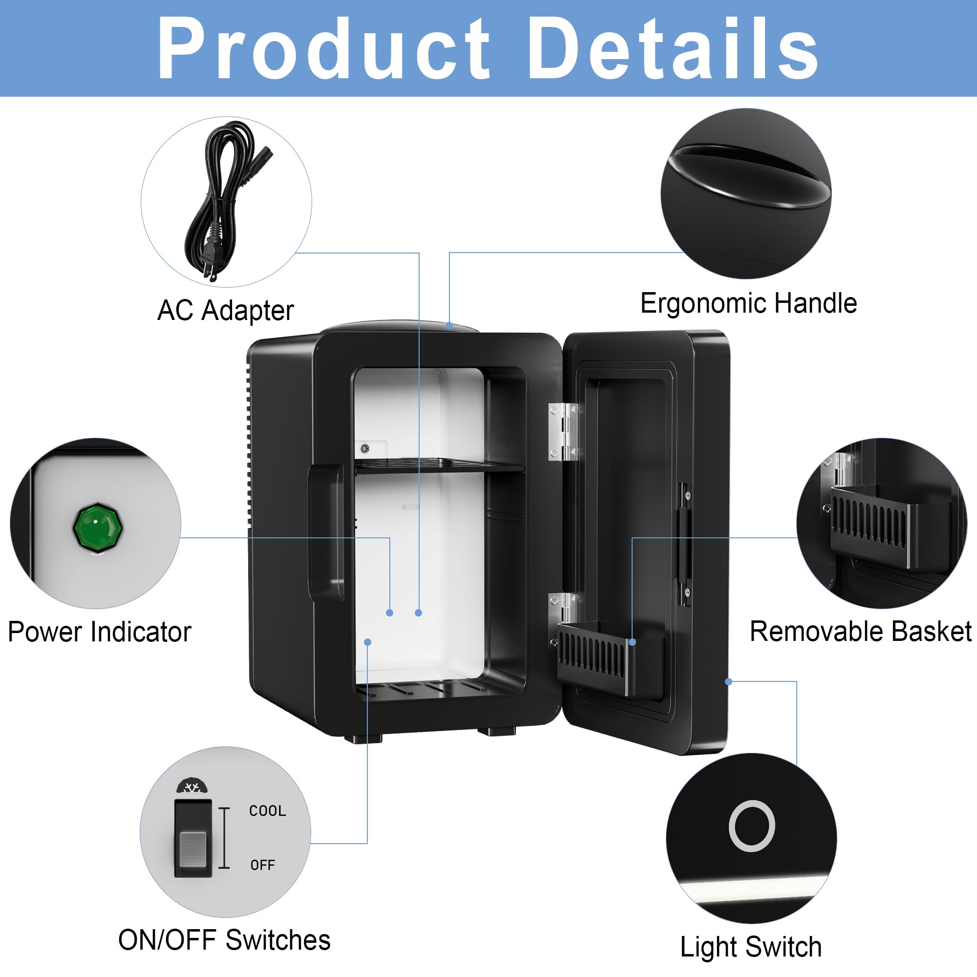 Mini Fridge 6L for Bedroom, Makeup Little Refrigerator with LED Light Portable Cosmetic Fridge for Dorm and Office, Desk Personal Cooler for Beauty Skincare Product and Food, Black - Image 7