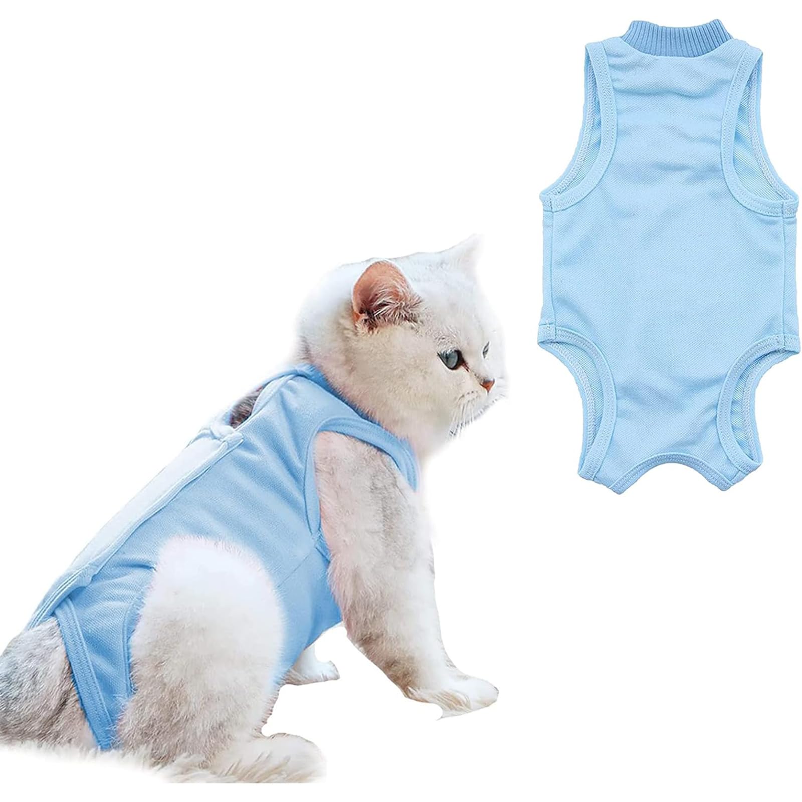 URROMA 1 Pack Blue Cat Recovery Suit, Soft Breathable Cat Recovery Clothes E-Collar Cat Wound Surgery Recovery Suit After Surgery Wear for Cats Kitten, L
