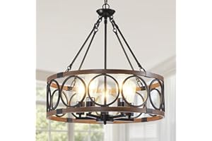 UNICOZOHOME 20.5'' Farmhouse Chandeliers for Dining Room, 5-Light Industrial Metal Hanging Light Fixture, Rustic Drum Pendant Lights for Bedroom, Foyer, Entryway, Kitchen Island, Black and Vintage Wood Texture
