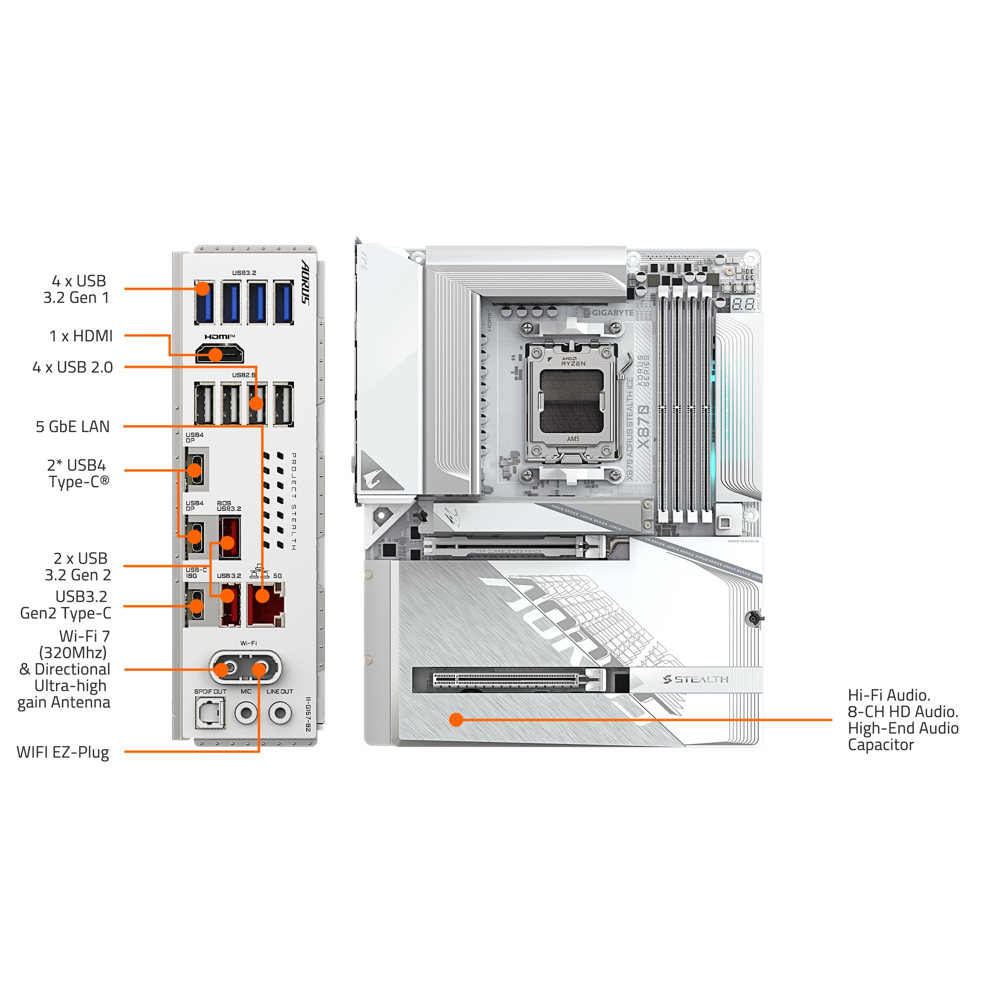 GIGABYTE X870 AORUS Stealth ICE AMD AM5 Motherboard, ATX, DDR5, 4X M.2, PCIe 5.0, 2xUSB-4,USB-C, WIFI7, 5GbE LAN, EZ-Latch