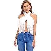 WDIRARA Women's Sexy Fringe Crisscross Halter Crop Tank Top Backless Camisole