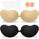 Quikobo Sticky Push up Bra – 2 Pair Invisible Reusable Strapless Backless Bra Adhesive Bra for Women with Nipple Covers Beige