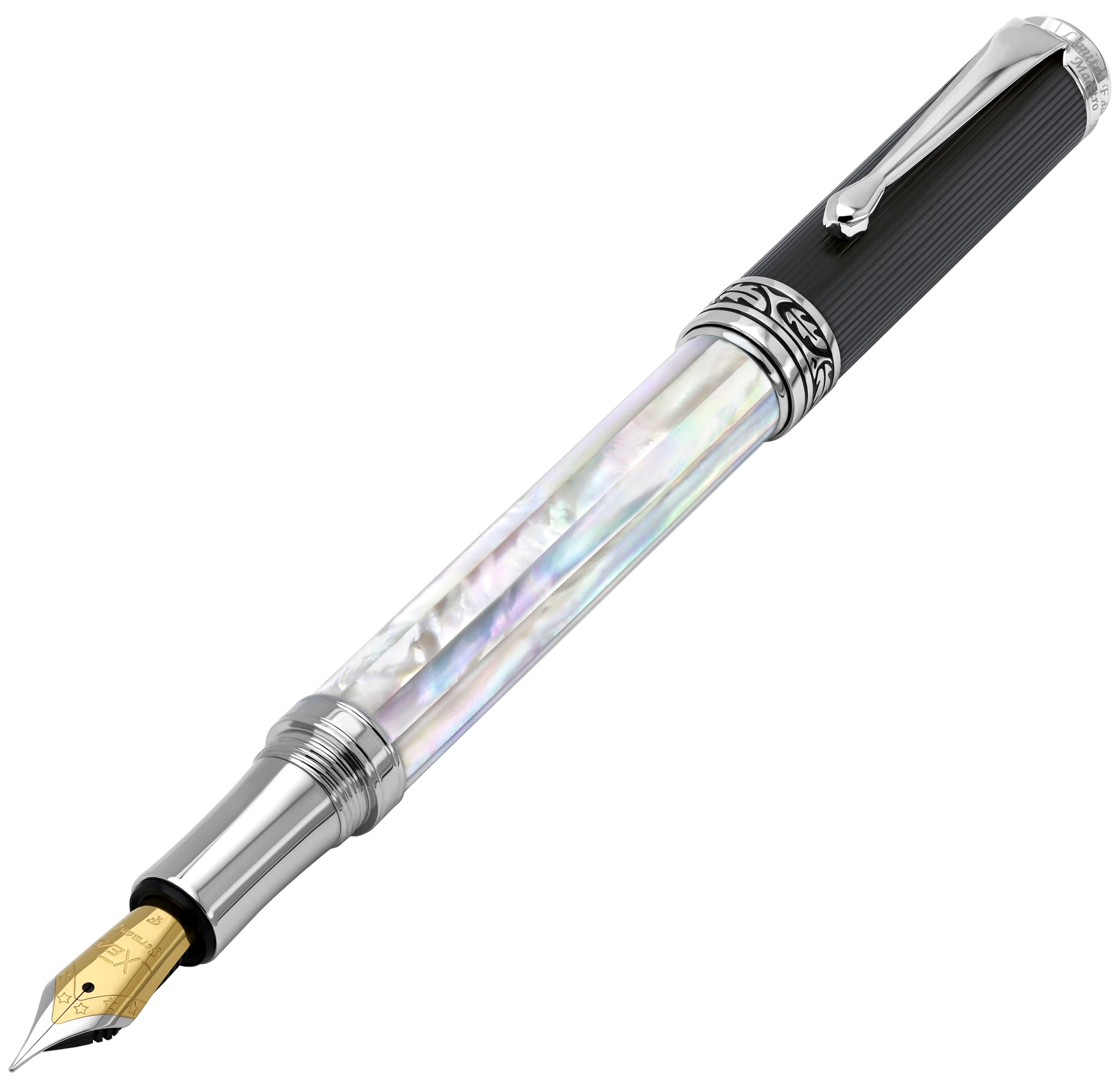Xezo Maestro Handmade Fountain Pen, Fine Nib. Iridescent Oceanic Origin White Mother of Pearl with Diamond-Like Carbon PVD. Serialized, No Two Pens Alike — image 1