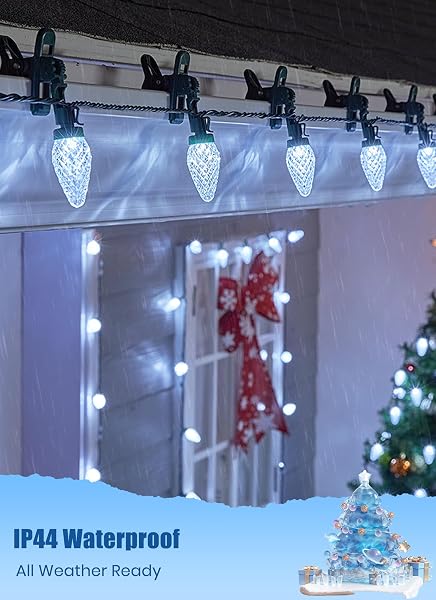 C9 LED CHRISTMAS LIGHTS OUTDOOR, 68 FEET 100 LED STRAWBERRY STRING LIGHTS WITH 100 SPRING CLAMPS, WATERPROOF COMMERCIAL GRADE EXTENDABLE FOR OUTSIDE ROOFLINE PATIO HOME XMAS DECORATION, PURE WHITE