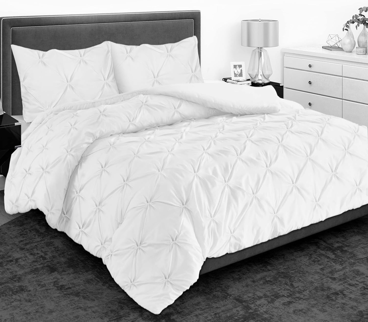 MH Home Pintuck Super King Duvet Cover Set - 200 Thread Count 100% Egyptian Cotton Pinch Pleated Quilt Bedding Covers Set (White, Super King)