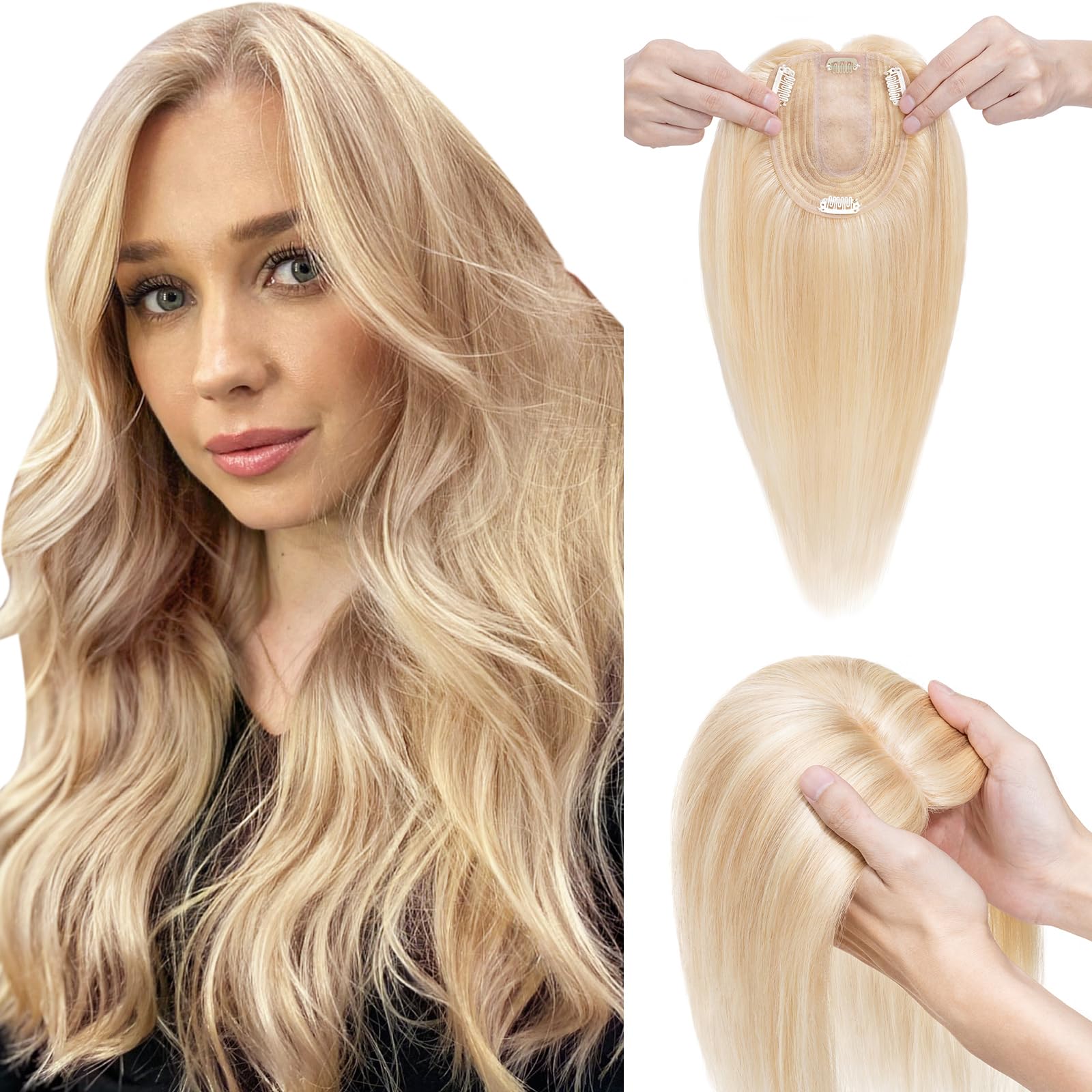 Elailite Hair Topper For Women Human Hair Real Hair Silk Base Clip in Crown HairPiece Toupee - Extensions For Thinning Hair (#18/613 Ash Blonde Mix Bleach Blonde, 14 Inch) — image 1