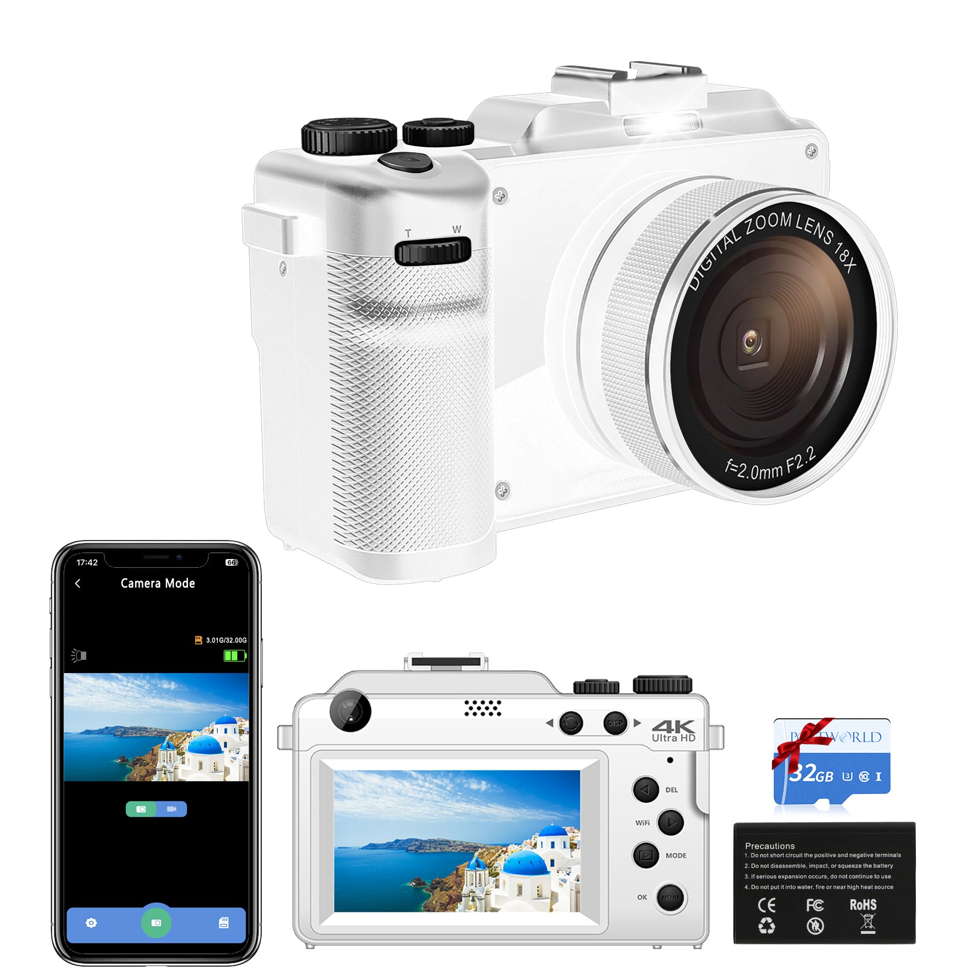 PORTWORLD 4K Digital Compact Camera for Photography: 18X Zoom Travel Vlogging Camera with 32GB TF Card for Youtube Tk, 3''Autofocus Compact Camera for Teenagers Beginners