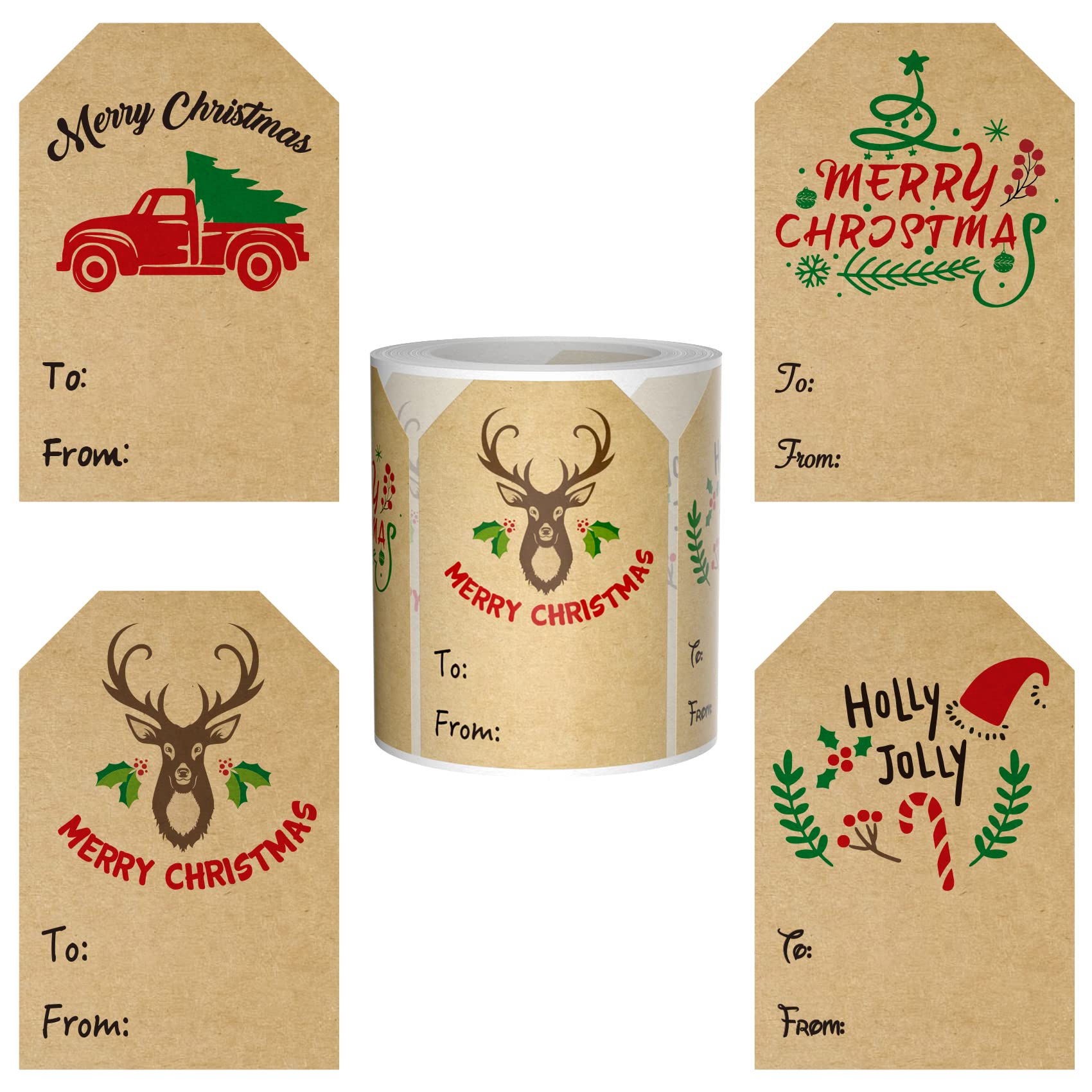 Glhaoss 80 Pcs Christmas Stickers, 4 Classic Themed Designs, 2*3 Inch Kraft Paper Christmas Labels