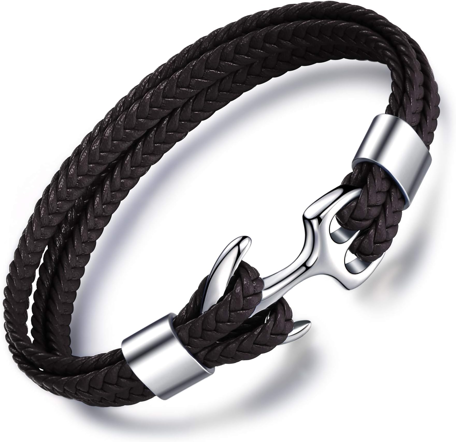 MicLeeMen's Genuine Leather Bracelet Titanium Clasp Anchor Bracelets 8.86"(22.5cm) with FREE Giftbox Giftcard