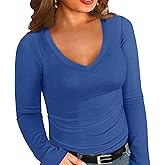 Chulianyouhuo Womens Plus Size Long Sleeve Shirts V Neck Ribbed Knit T Shirt Slim Fitted Casual Basic Tee Tops