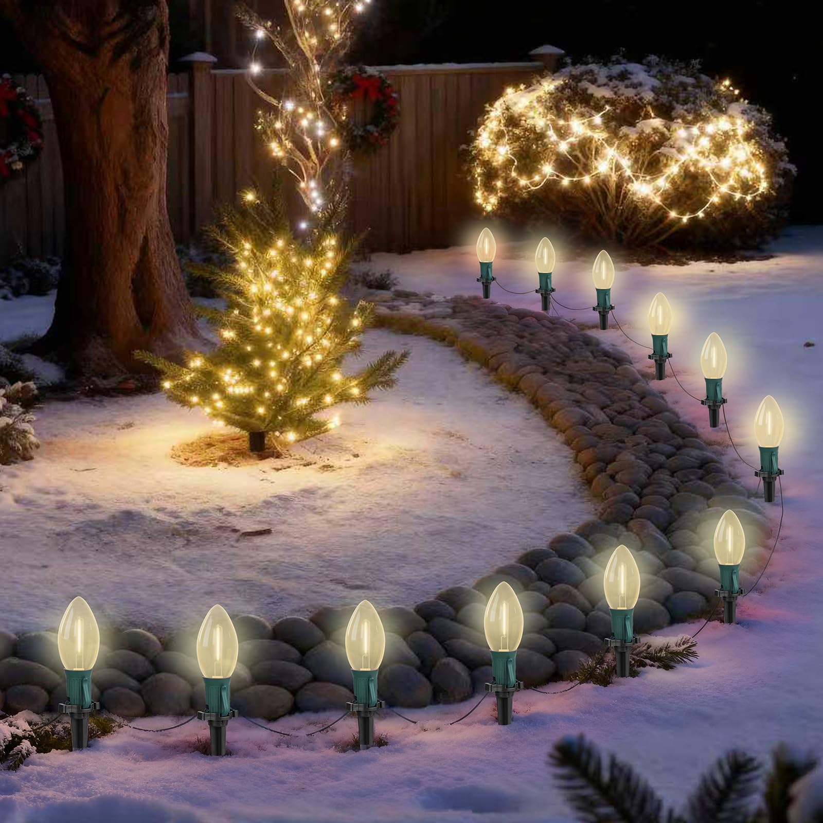 Photo 1 of 38FT LED Outdoor Christmas Pathway Lights,25 Warm White Extendable Waterproof Christmas Walkway Lights with C9 LED Bulbs and Stakes for Walkway Backyard Snowfield Xmas Decorations