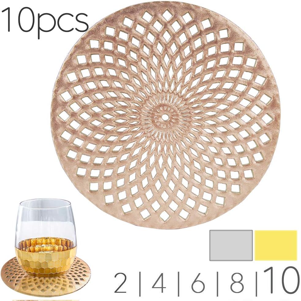 MANGATA Gold Coasters Round Set, Heat Resistant Cup Mats for Drinks Glass, Tea Cups, Coffee Mugs (Non-Slip,10 Sets)