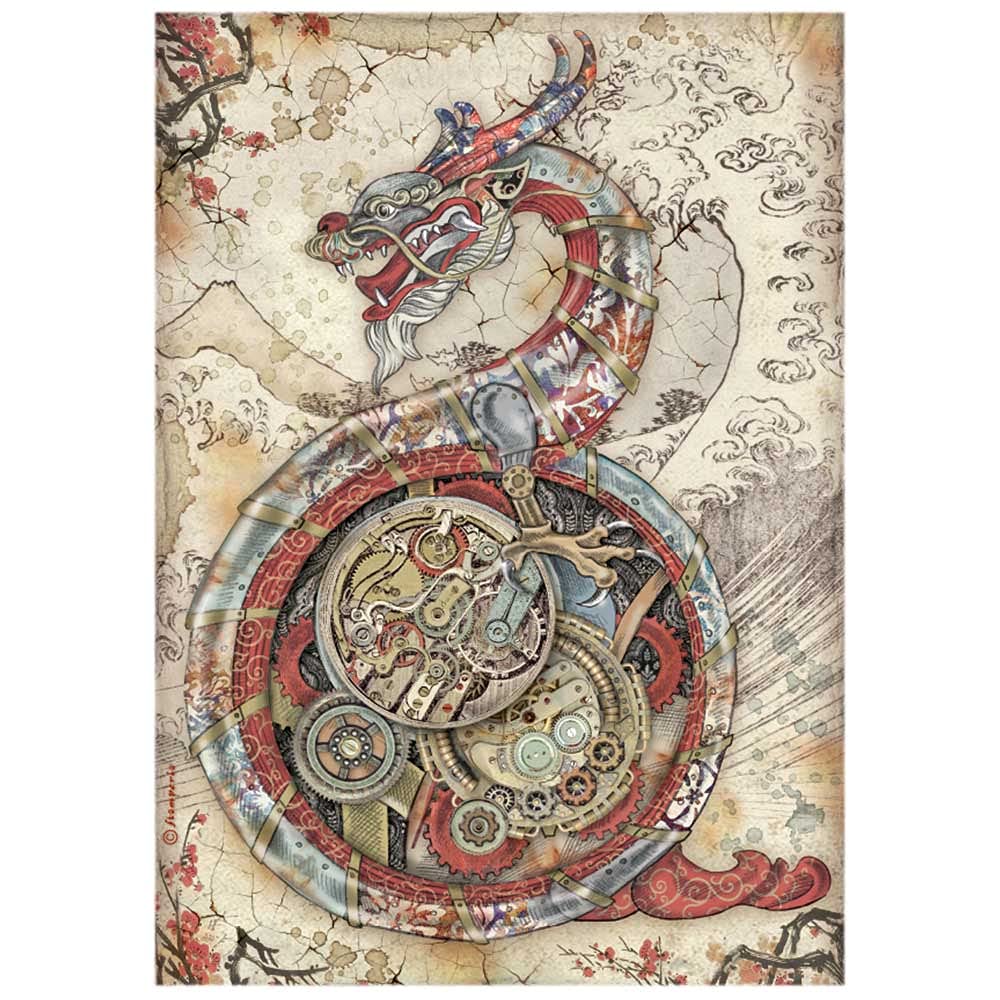 Stamperia International Stamperia-Rice Paper-Sir Vagabond in Japan-Mechanical Dragon, Red, Teal, Brown, A4, DFSA4608