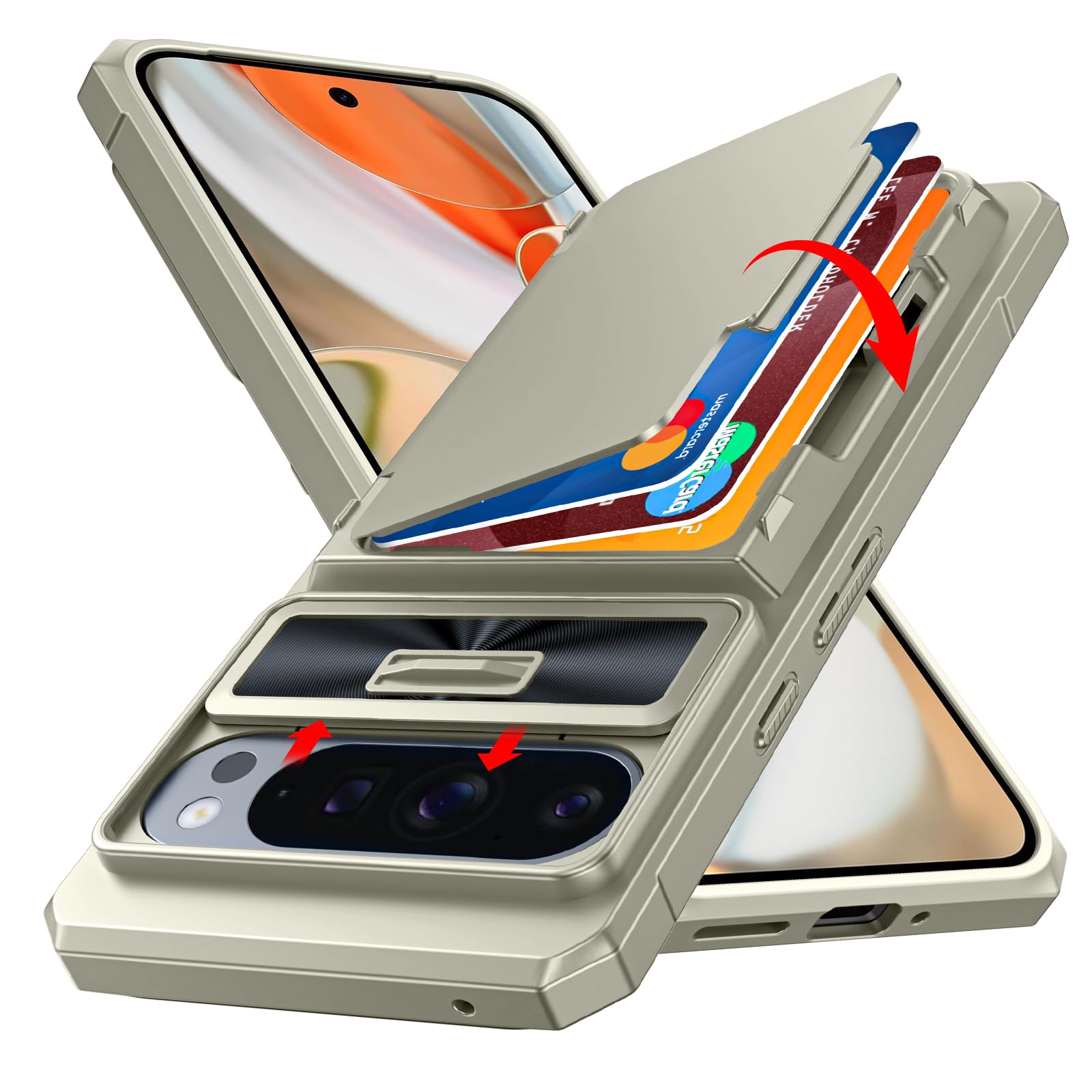 Photo 1 of CENMASO for Google Pixel 9 Pro XL Case with Card Holder (4 Cards) Sliding Camera Cover & Kickstand?RFID Blocking? Military Drop Protection & TPU Edge Wallet Case for Pixel 9 Pro XL-Natural Titanium