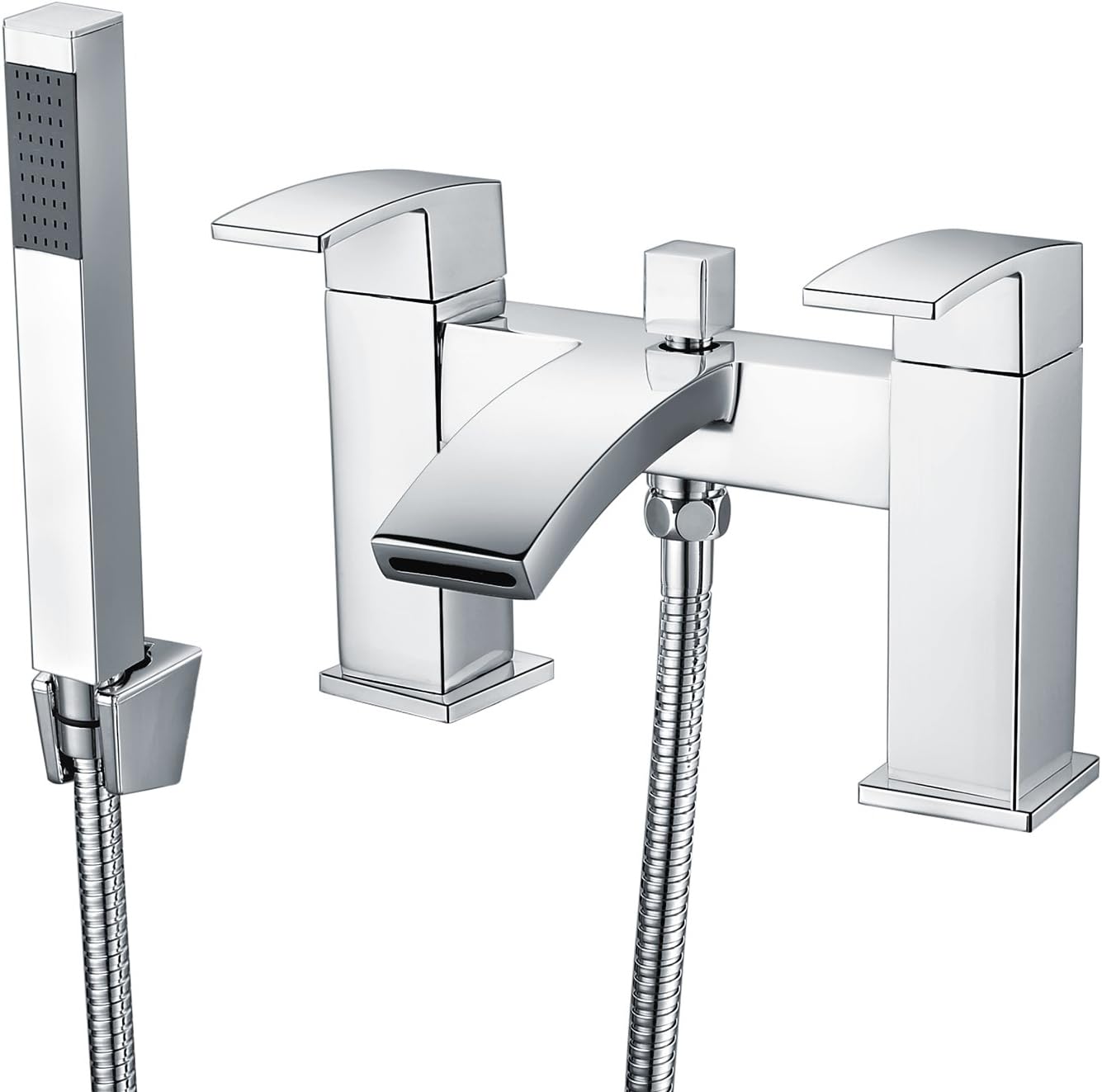 Celala Bathroom Bath Taps Square Mixers Waterfall Dual Lever Chrome Brass with Shower