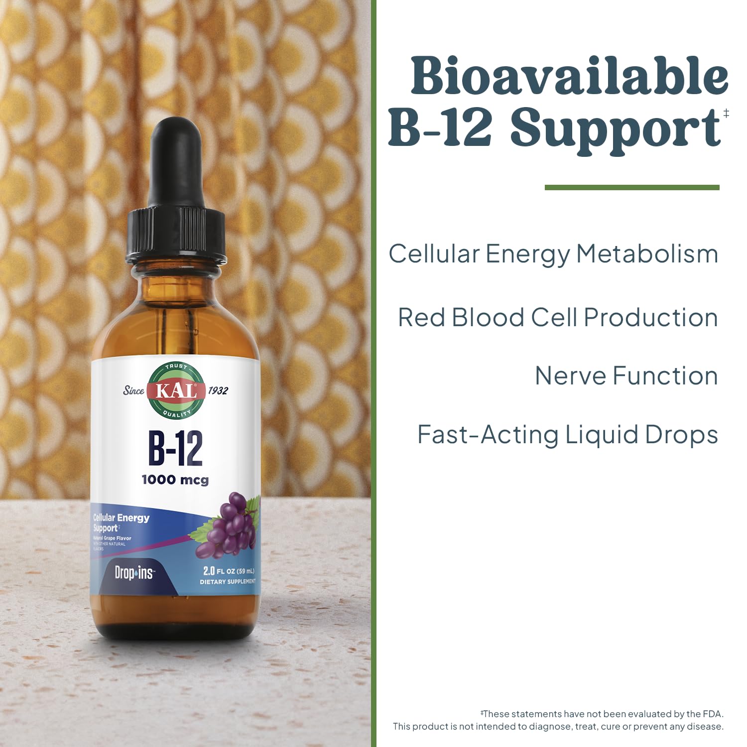 KAL B12 1000 mcg DropIns, High Absorption Liquid B12 Vitamin, Healthy Energy Supplements for Metabolism, Heart Health, Nerve, Red Blood Cell Support, Natural Grape Flavor B12 Drops, 196 Servings, 2oz