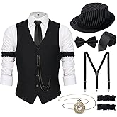 YESSA 1920s Mens Costume,1920 Mens Outfit,Roaring 20s Costumes for Men,1920s Hat Vest Pocket Watch Suspenders Tie