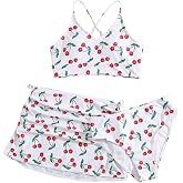 Floerns Girl's 3 Piece Swimsuit Cherry Print Cute Bikini Set with Cover Up Skirt