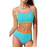 NECIOUS Girls Swimsuit 2 Piece Bikini Sets Cute Color Contrast Trim Bathing Suit with Chest Pad Girls' Swimwear 9-16Y