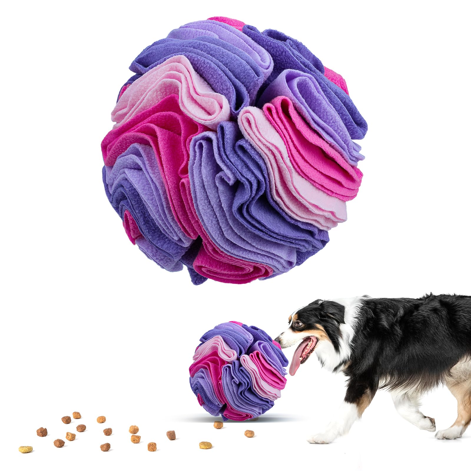 Photo 1 of Larimuer Pet Snuffle Ball, Puzzle Sniffing Interactive Dog Ball for Blind Dogs Training Stress Relief Dog Enrichment Toys Treat Machine Washable (20cm, Pink and Purple)