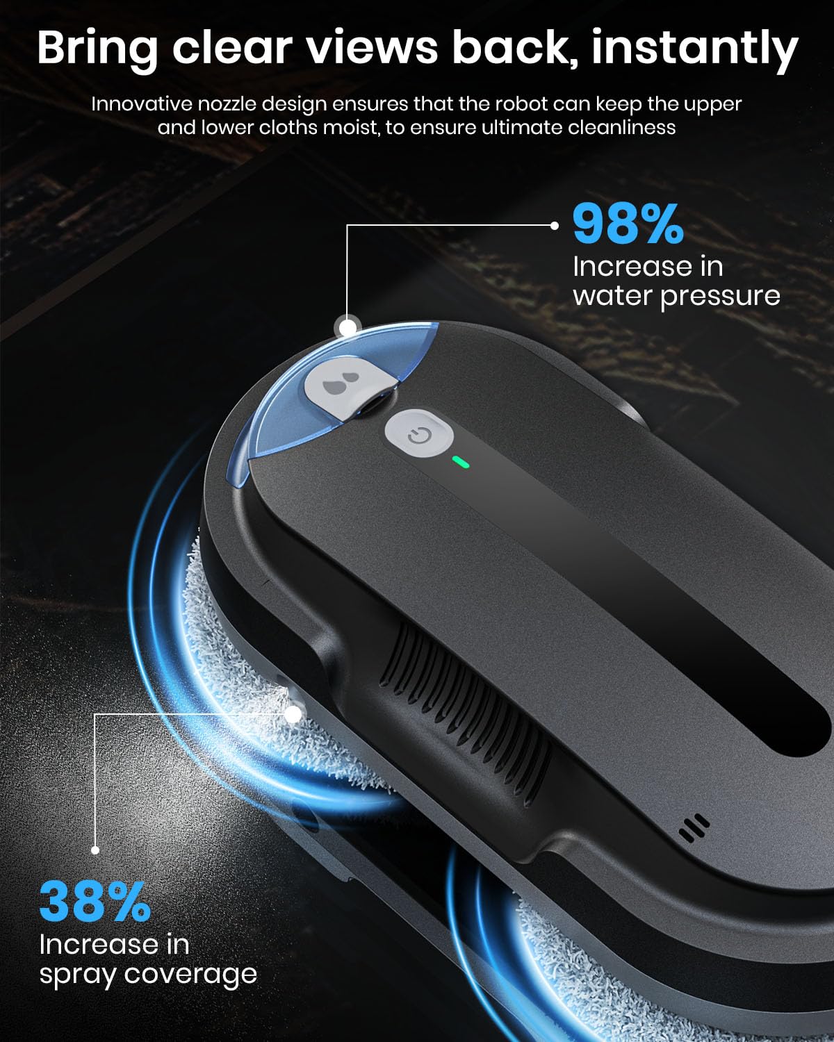BNZ Robot Limpiador de Ventanas Inteligente, Twin Turbo y Limpiador de Ventanas con Pulverización Automática Doble con Sistema de Seguridad Múltiple, Planificación de Ruta AI, Detección de Bordes Sin Marco, K1, Negro Mate