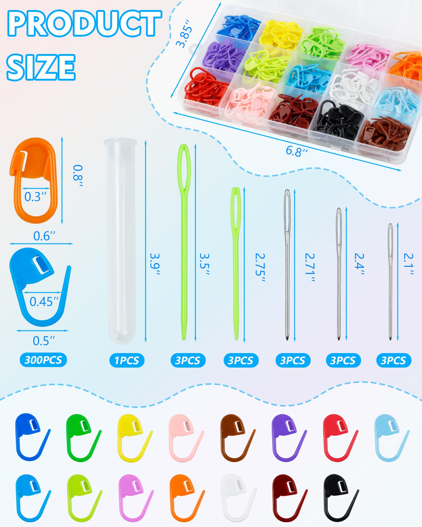 FIVEIZERO 220/900 Pieces Stitch Markers,with 15 Pcs Large Eye Blunt Sewing Needles,Colorful Crochet Stitchs Markers for Knitting Stitch Locking Clips Crochet Pins with Storage Box