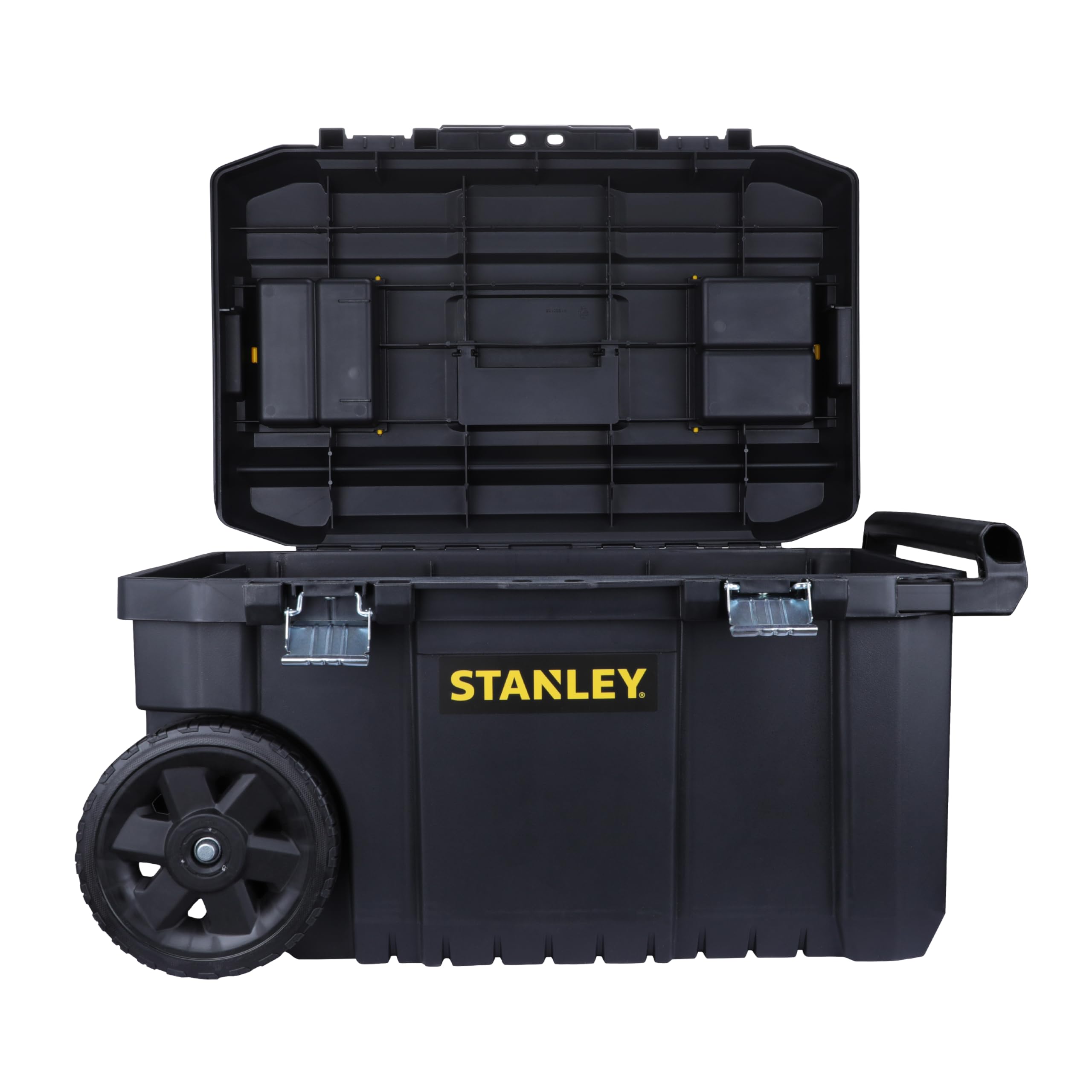 STANLEY Rolling Toolbox Chest with Heavy Duty Metal Latch, 2 Lid Organisers for Small Parts, Portable Tote Tray for Tools, STST1-80150, Black