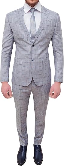 Costume Homme Complet Vestimentaire Gris Carreaux Slim Fit