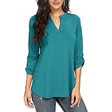 NILOUFO Womens Summer Shirts Notch V Neck Blouses 3/4 Roll Sleeve Tunic Tops
