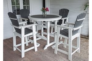 WILLIAMSPACE Patio Bar Table Set of 5, Height Outdoor Round Bar Table with 1.96" Umbrella Hole, 4 Piece Bar Stools with Backs, Counter Bar Table Set for Kitchen Outside (White & Grey)