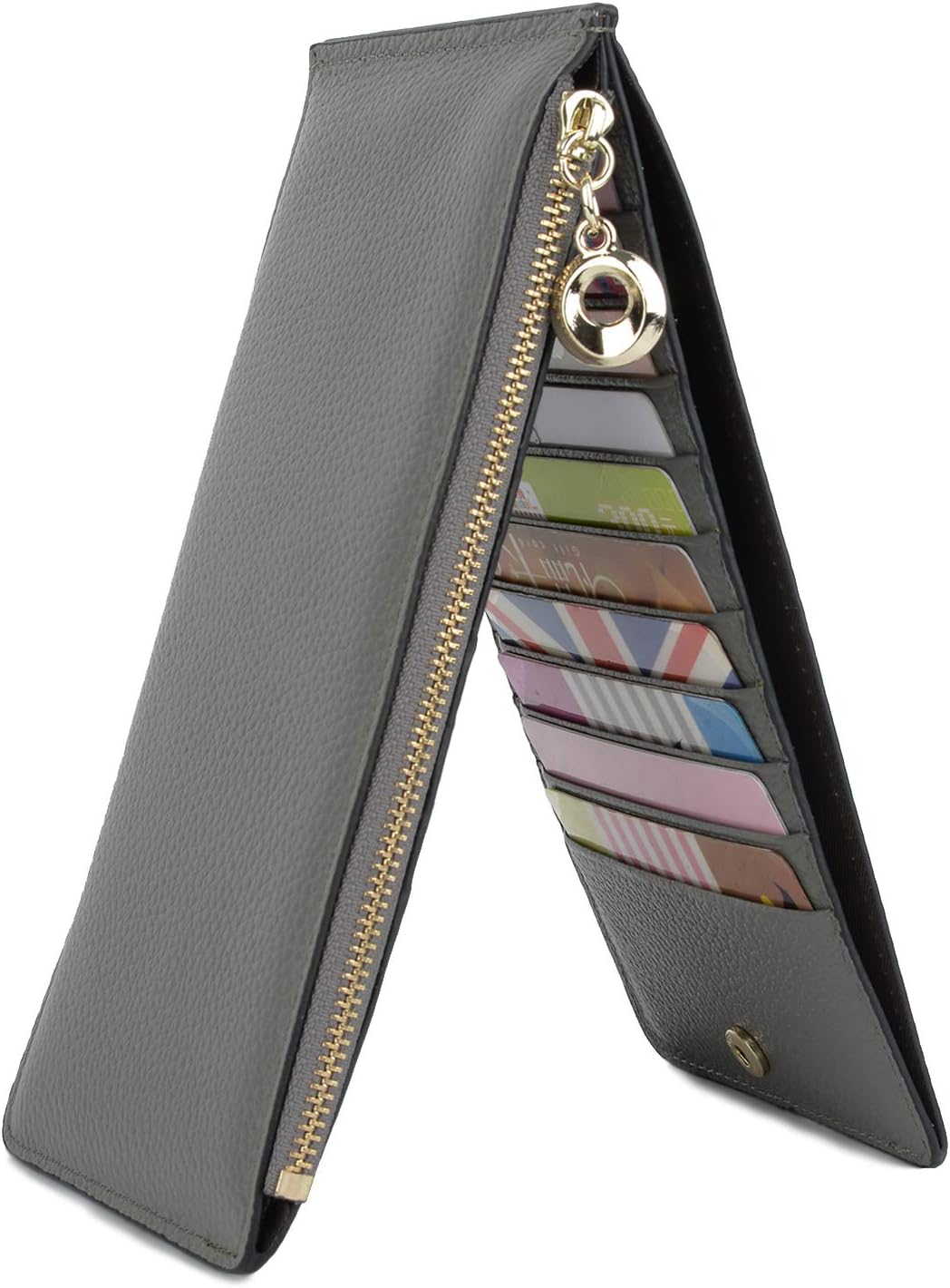 Women's Leather RFID Blocking Card Holder Phone Wallet 20 Card Slots Zip Pocket Money Compartment Gift Box Packpage Grey