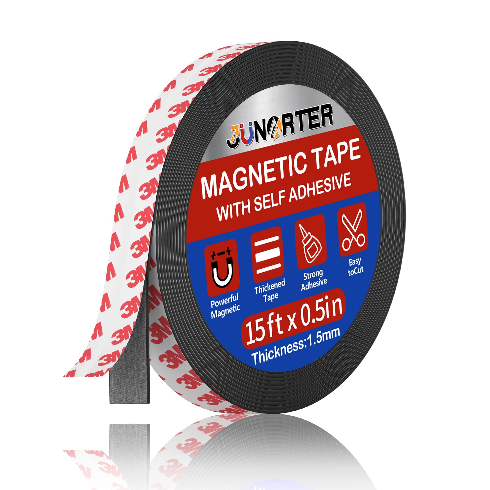 Photo 1 of Junarter Magnetic Tape Roll, Magnet Strips, 1 Roll(15 Feet x1/2 in) Adhesive Magnetic Tape Strips with Adhesive Backing, Flexible Magnetic Strips, Magnet Roll Tape for Fridge, DIY (0.06" Thick)