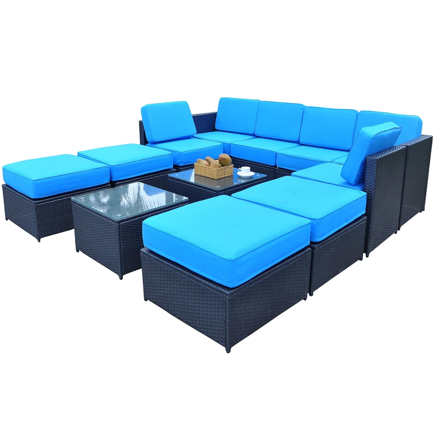 Mcombo Black Patio Furniture Sectional Set Outdoor Wicker Conversation Sofa With 6 Chairs 4 Ottoman And Coffee Table Weather Resistant Cushion Cover 12pc Blue Amazon In Garden Outdoors