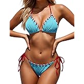 Zojuyozio Women Two Piece Bikini Swimsuit Color Block Bathing Suits Halter Triangle String Bikini Sets