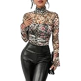 Kentysill Women's Sexy Bodysuit for Outfits: Mock Turtle Neck Long Sleeve Body Suit - Mesh Sheer Ruched Going Out Bodysuits