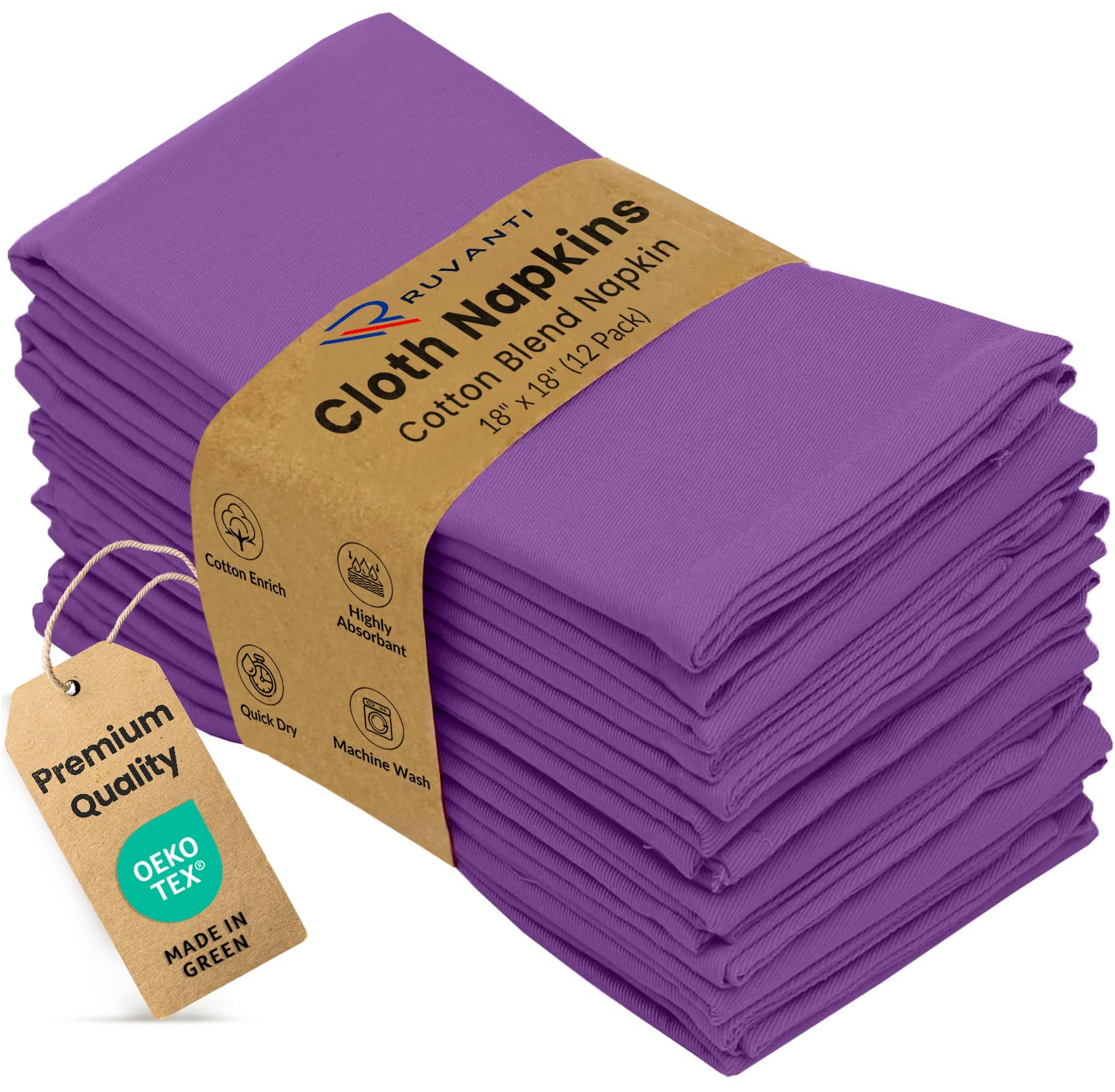 Ruvanti Cloth Napkins 12 Pack 18X18 Inch Dinner Table Napkins, Soft, Comfortable Cotton Enrich, Purple Napkin, Washable & Reusable Linen Napkins for Christmas, Dinner, Weddings, Bar, Cocktail Party.
