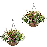 BCBLF Artificial Hanging Plants Flowers with Basket 2 Packs, Artificial Hanging Flowers for Outdoors, Faux Hanging Plants Outdoor, Fake Flowers, Yellow+Purple+Pink+Red+White+Green