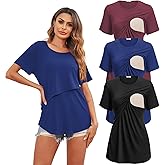 Ekouaer Women's Maternity Shirts Short Sleeves Nursing Tops 3 Pack Double Laye Breastfeeding Tees Pregnancy Clothes S-XXL